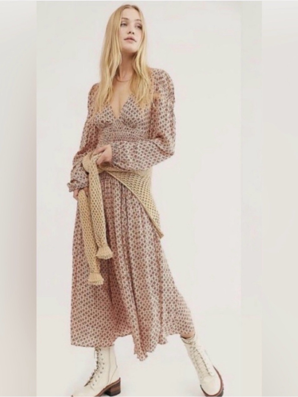 Free People Indigo Child Midi Dress Boho Long Sleeve Blush bohemian Floral M